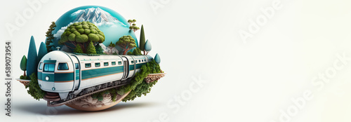 Banner Train travels around the earth on white background. Time to travel concept,  Global railway network. AI Generative. photo