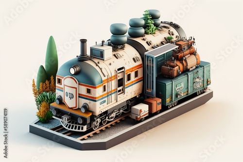 Train travels around the earth on white background. Time to travel concept,  Global railway network. AI Generative. photo