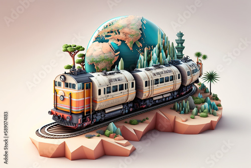 Train travels around the earth on white background. Time to travel concept, Global railway network. AI Generative.