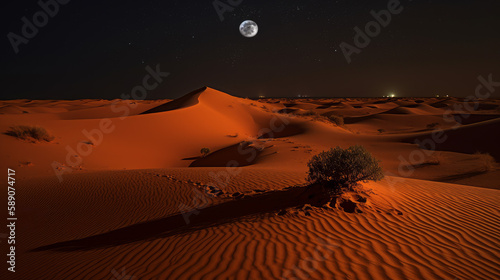 Sahara in night with stars and big bright glowing sand dune  generative ai