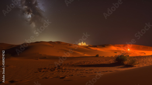 Sahara in night with stars and big bright glowing sand dune, generative ai