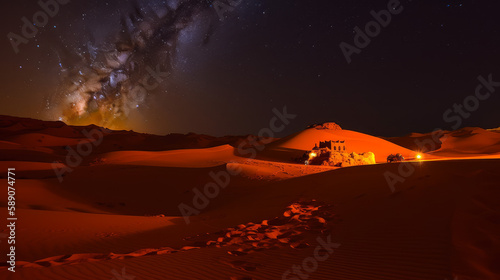 Sahara in night with stars and big bright glowing sand dune, generative ai