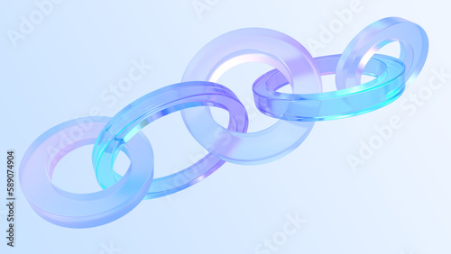 Glass chain of iridescent links 3d render. Border with connected crystal rings. Abstract holographic composition of geometric shapes with gradient texture, isolated graphic elements. 3D illustration photo