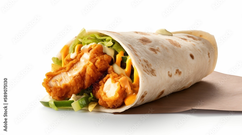 tortilla wrap au poulet, salade oignon, fromage, sauce, illustration culinaire sur fond blanc isolé. ia générative 5 tortilla wrap au poulet, salade oignon, fromage, sauce, illustration culinaire sur fond blanc isolé. ia générative 5