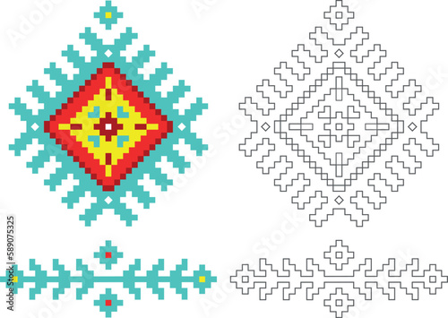 Pattern in a square. Ornament. Color drawing. Outline drawing. Geometric pattern in limited colors. Antistress. Coloring.