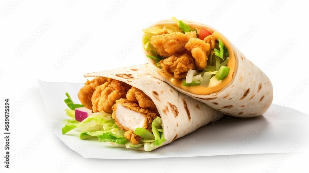 tortilla wrap au poulet, salade oignon, fromage, sauce, illustration culinaire sur fond blanc isolé. ia générative 8 tortilla wrap au poulet, salade oignon, fromage, sauce, illustration culinaire sur fond blanc isolé. ia générative 8
