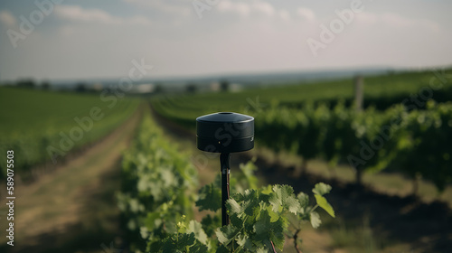 Small device LoRaWAN sensor tech on dark green soil and vineyard, generative ai photo