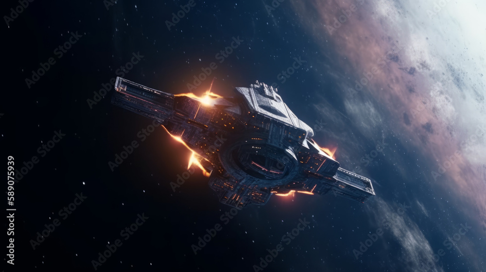 Obraz premium Spaceship flying towards space nebula, generative ai
