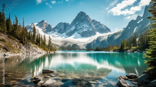 Snow Capped Mountains and Lake Landscape © Arquimedes