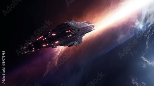 Spaceship flying towards space nebula, generative ai © TheGoldTiger