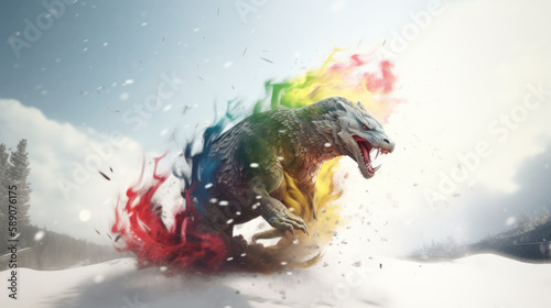 Splash color with creature and man next to it, colorful splash art, generative ai