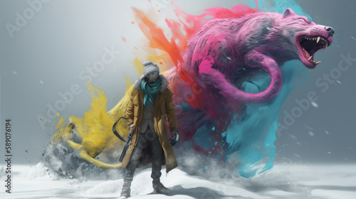 Splash color with creature and man next to it, colorful splash art, generative ai