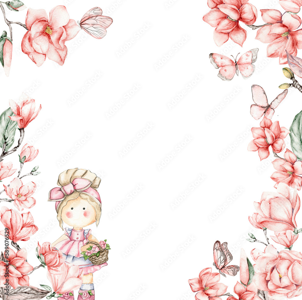 Watercolor square flower frame in cartoon style with a cute girl doll in a dress. Cartoon hand drawn background with flower princess and yellow flowers for kids design. Perfect for wedding invitation Watercolor square flower frame in cartoon style with a cute girl doll in a dress. Cartoon hand drawn background with flower princess and yellow flowers for kids design. Perfect for wedding invitation