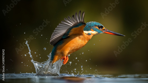 Stunning kingfisher with blurry background next to the river, generative ai