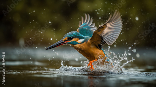 Stunning kingfisher with blurry background next to the river, generative ai © TheGoldTiger