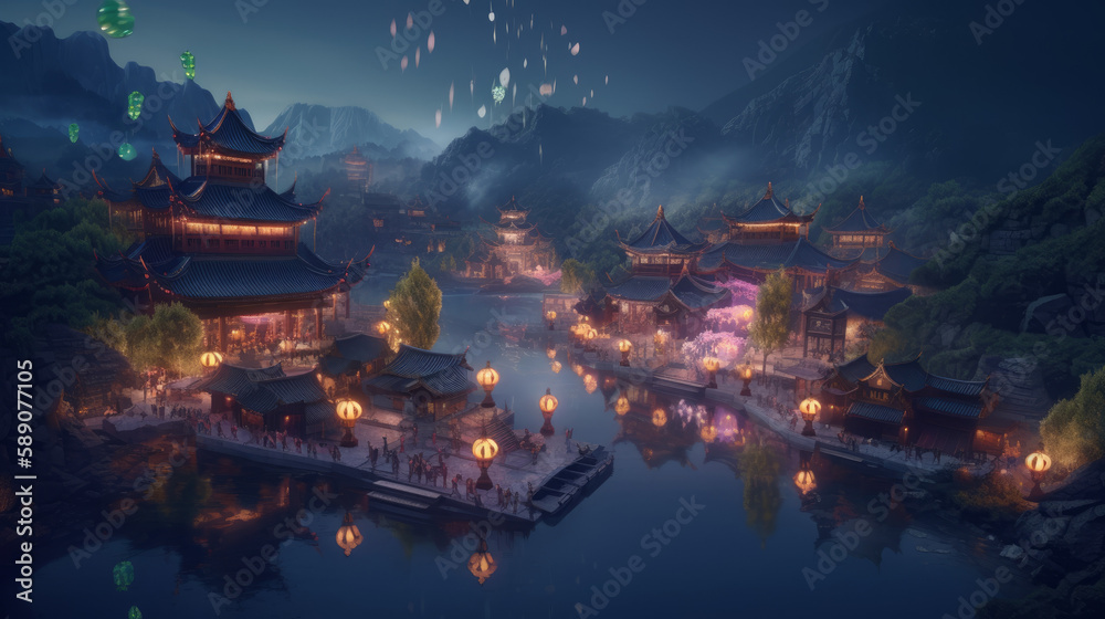 Obraz premium Landscape with old chinese town with lights and lampions, generative ai