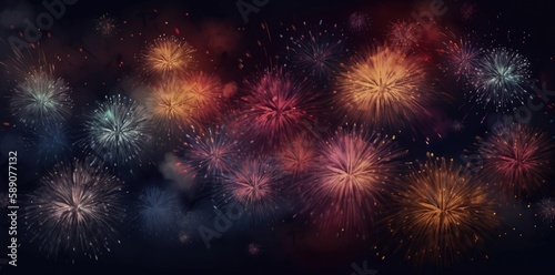 Colorful fireworks with bokeh background. Independence Day (4th of July) or New Year celebration, Abstract holiday background. Generative AI.