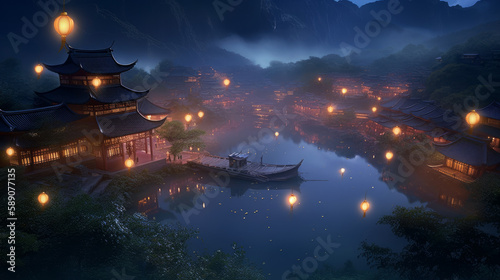 Landscape with old chinese town with lights and lampions  generative ai