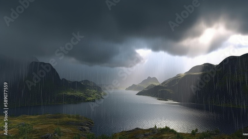 Terragen rain landscape, 3d landsape with mountains and rain, generative ai © TheGoldTiger