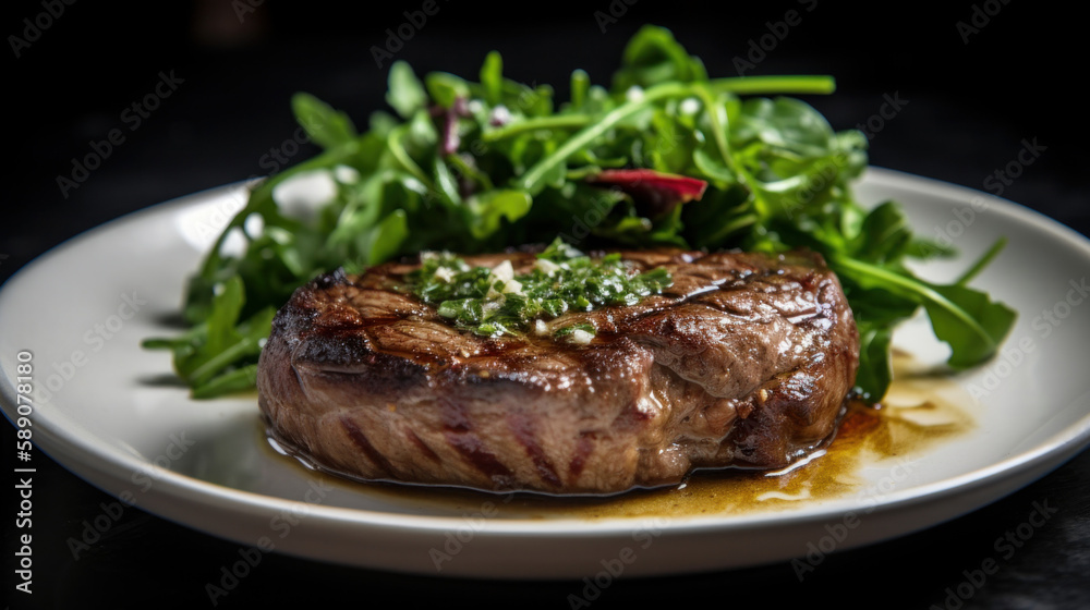 Medium rare steak with vegetables around, generative ai Medium rare steak with vegetables around, generative ai