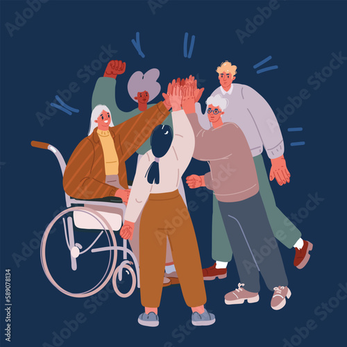 Cartoon vector illustration of woman and man and friend in wheelchair colleagues make a hand gesture, give five.