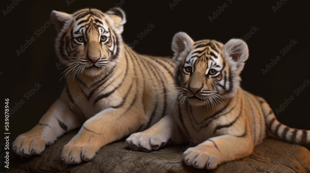 Fototapeta premium Two tiger cubs on dark background, cute small tigers, generative ai