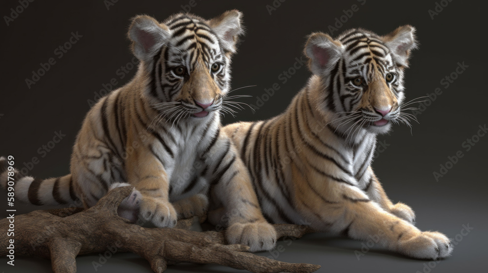 Obraz premium Two tiger cubs on dark background, cute small tigers, generative ai