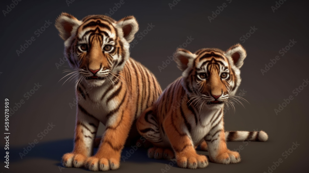 Obraz premium Two tiger cubs on dark background, cute small tigers, generative ai