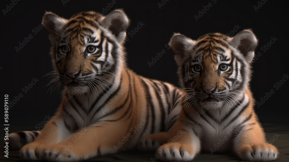 Two tiger cubs on dark background, cute small tigers, generative ai Two tiger cubs on dark background, cute small tigers, generative ai