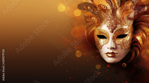 Venetian carnival mask, background with blank space and carnival mask on a side, generative ai