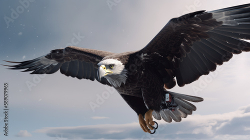 Cybernetic bald eagle. Eagle with electronic modifications, spy davices in nature, generative ai