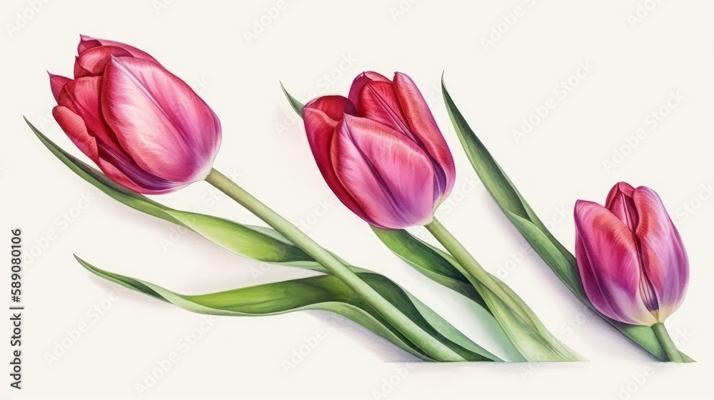 Obraz premium Watercolor 3 tulip on white background, nature made with watercolor, generative ai