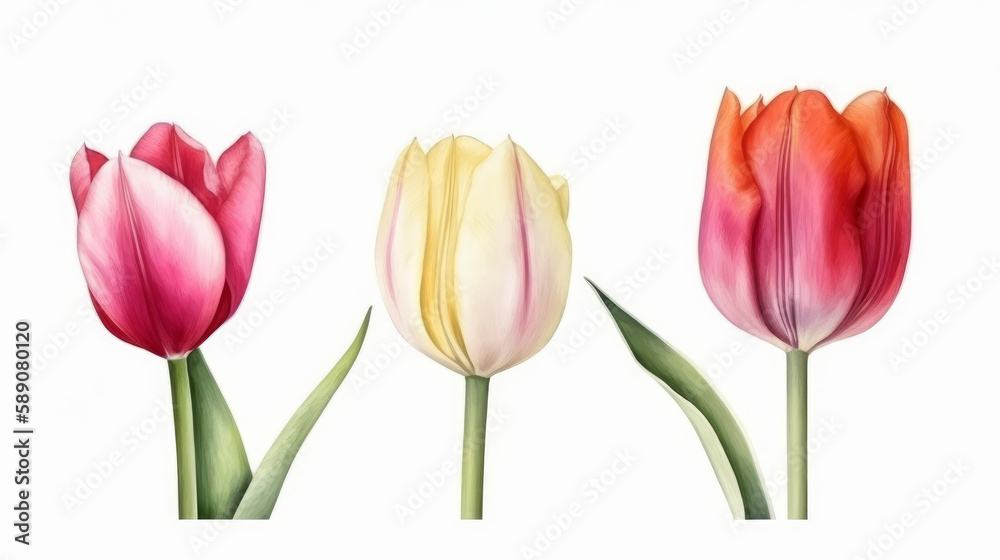 Watercolor 3 tulip on white background, nature made with watercolor, generative ai