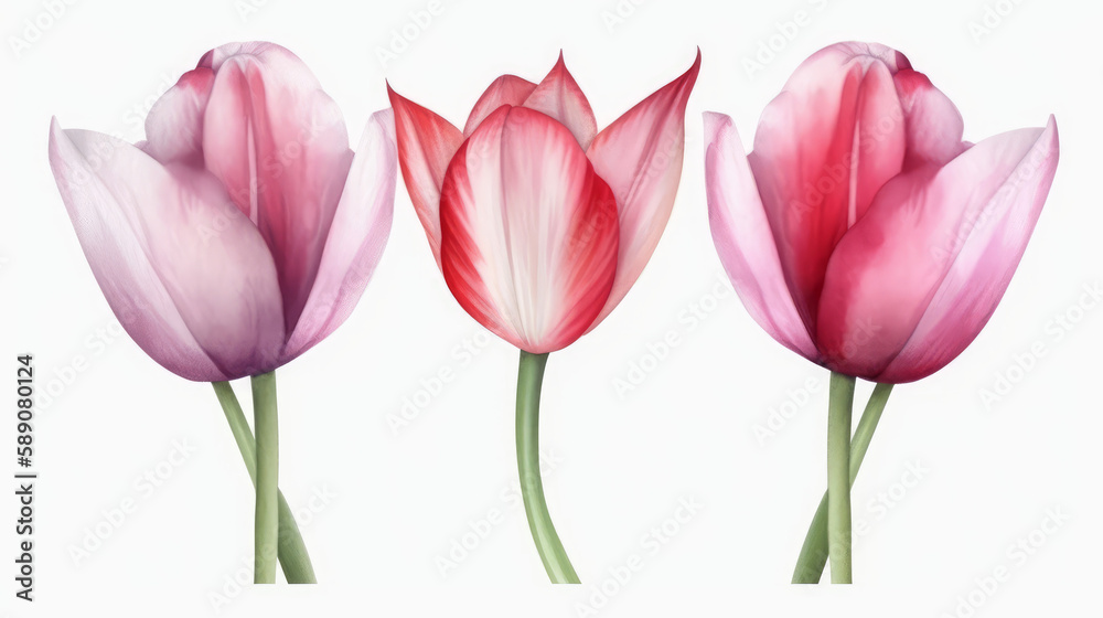 Watercolor 3 tulip on white background, nature made with watercolor, generative ai
