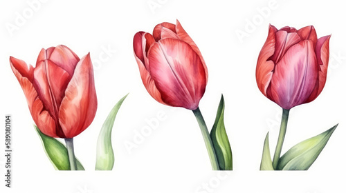 Wallpaper Mural Watercolor 3 tulip on white background, nature made with watercolor, generative ai Torontodigital.ca