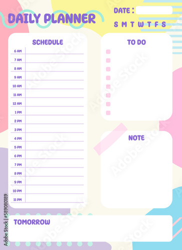 Daily Planner template, study planner with schedule, to do list, note, abstract doodle hand drawn background,vector illustration