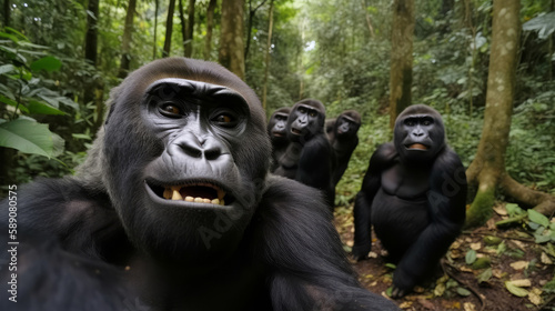 Wildlife selfie of group of gorillas in jungle, generative ai