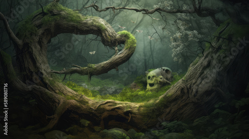 Ying and yang life and death serene forest scene, forest connected with natural forces, generative ai