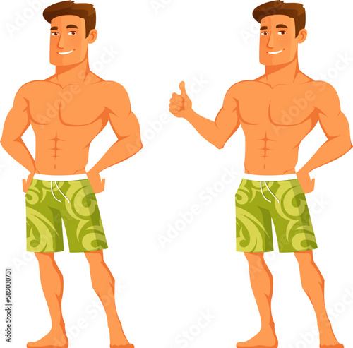 attractive muscular guy smiling and showing off his beach body, wearing only summer shorts