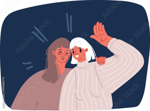 Cartoon vector illustration of female Friends stand together and embrace. Smiling Two schoolgirls greeting and supporting each other. Girl shows something to her sister or welcomes her.