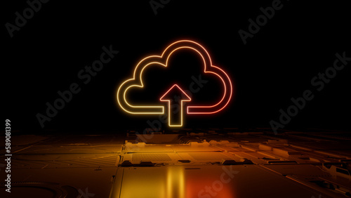 Orange and Yellow neon light cloud upload icon. Vibrant colored Data storage technology symbol, on a black background with high tech floor. 3D Render