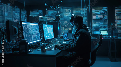 Hacker in a hoodie, back view, under dark lighting. Abstract background of glowing data lines, depicting the critical importance of cybersecurity and the battle against cyber threats