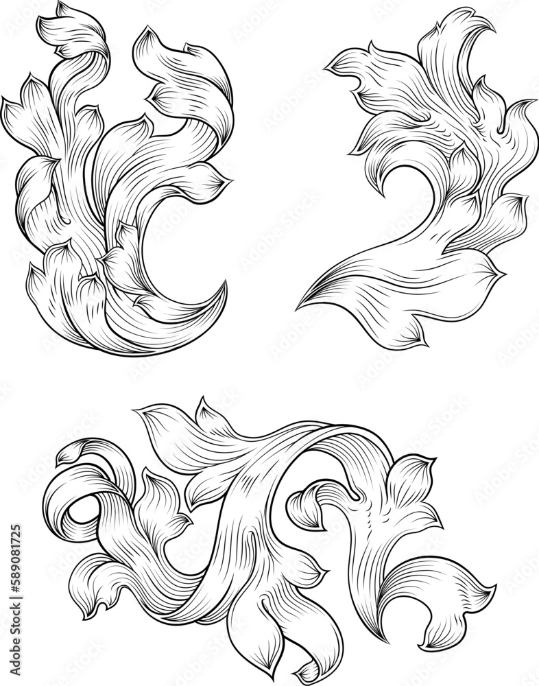 A set of crest or coat of arms filigree scroll heraldic or heraldry floral pattern designs. Like those from a medieval baroque royal crest, in a woodcut etching style