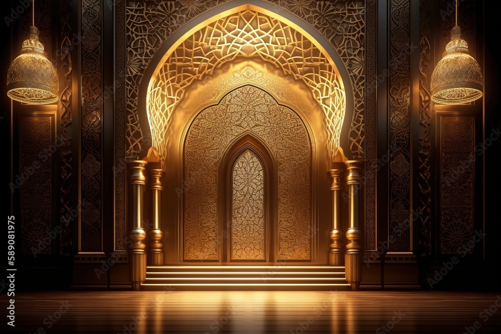 3d ramadan night banner template. Beautiful muslim invitation with ramadan. Eid mubarak. Religion background. AI