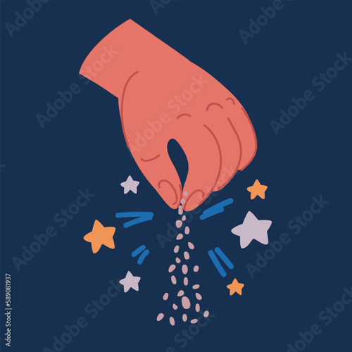 Cartoon vector illustration of Hand salting food. Pinch of salt.