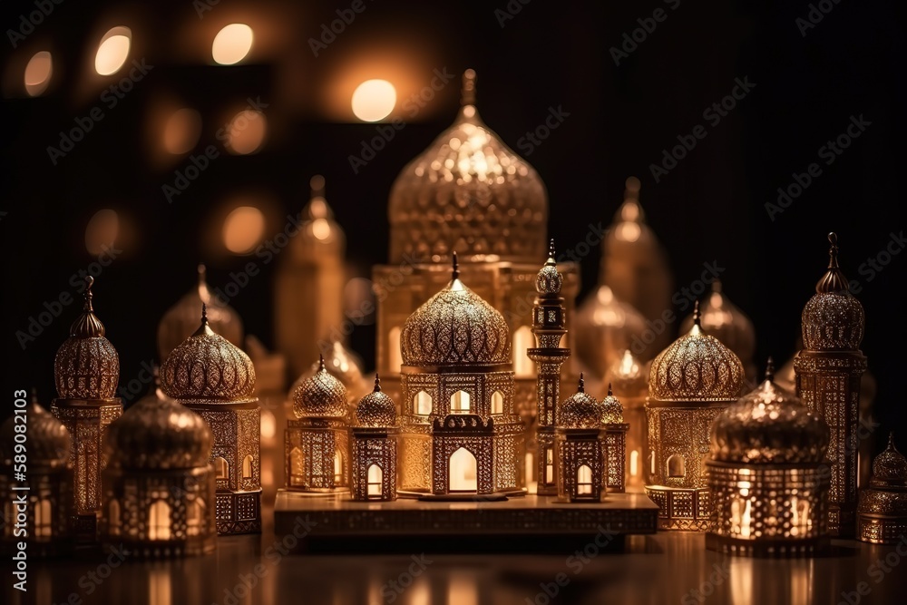 Islamic holiday banner in monotone design. Ramadan night. Cute mosque and lantern displayed on stages with glowing light in the evening. 3d illustration, Generative AI