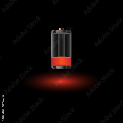 Discharged empty battery glowing with red light charging status indicator isolated on black background. Realistic glass power battery. 3d vector illustration.
