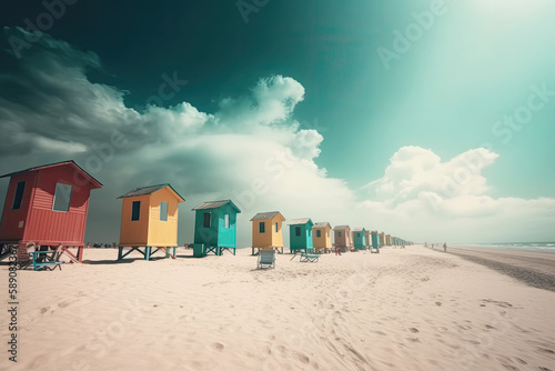 Beach with very colrful little houses, generative ai illustration with copy space