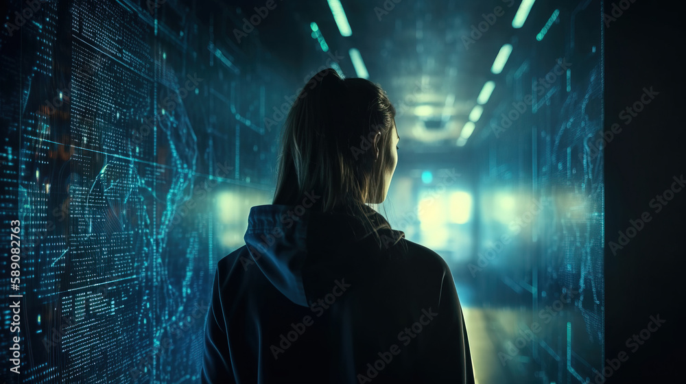 Hacker in a hoodie, back view, under dark lighting. Abstract background ...