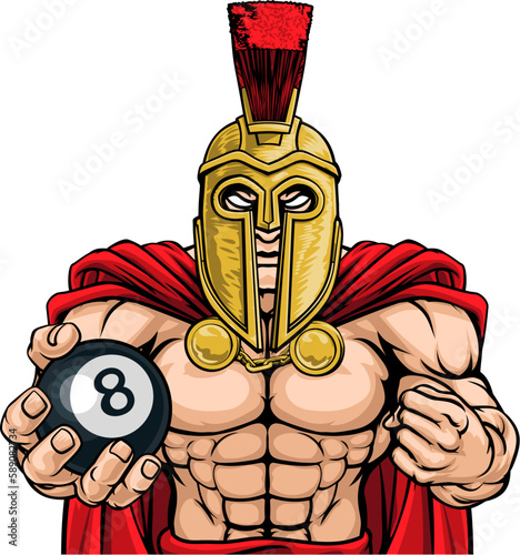 A spartan or trojan angry mean pool billiards mascot cartoon character holding a black 8 ball.